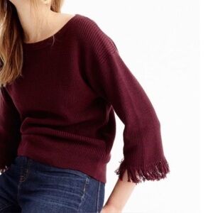 J Crew Womens Size XS Boatneck Sweater Burgundy Fringe Sleeve Knit 3/4 Sleeve